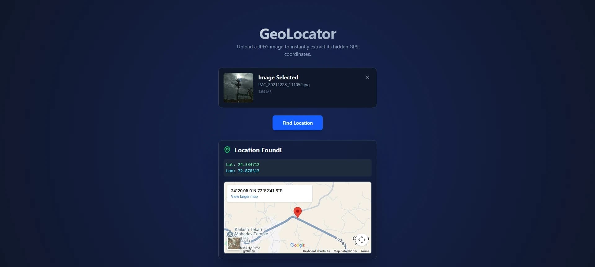 Google Maps location result